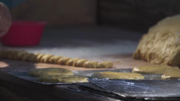 Making Dough Hands Wooden Table Background — Vídeo de Stock