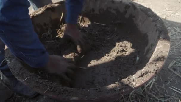 生体構造の技術的構築のために藁と土を混合する者 — ストック動画