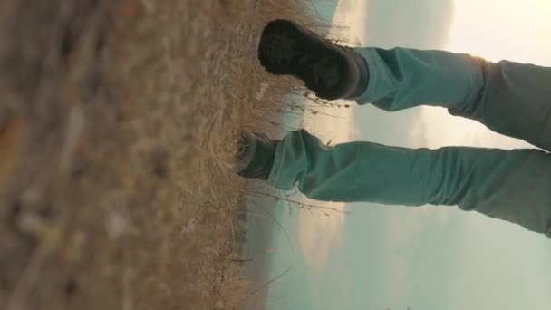 Young Man Wearing Jacket Backpack Trek Trip Outdoor Mountains High — Vídeos de Stock