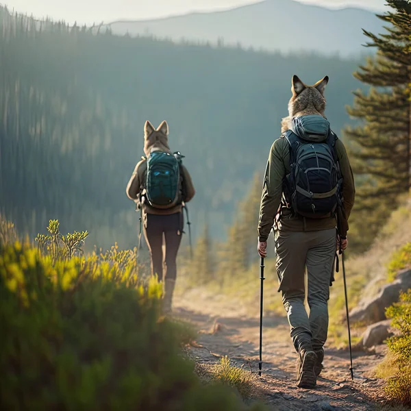 Detailed Portrait Anthropomorphic Hiking Coyote Travel Equipment Mountain — Stock Photo, Image
