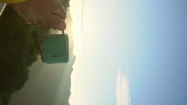 Inspiring Sunrise Cup Coffee Hand Enjoying Majesty Mountains — Stock Video