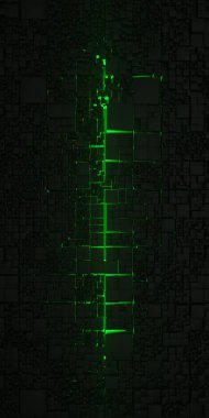 Küp 'ün altında renkli parlak ışıklandırma olan 3 boyutlu soyut teknoloji arkaplanı oluşturuluyor. Dikey fütürist duvar kağıdı.