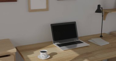 3D iç mekan. minimal stil tasarımı. Çalışma masasında. Ev iç tasarımı. Web sitesi, duvar kağıdı ve modelleme şablonu.