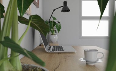 3D iç mekan. minimal stil tasarımı. Çalışma masasında. Ev iç tasarımı. Web sitesi, duvar kağıdı ve modelleme şablonu.