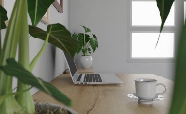 3D iç mekan. minimal stil tasarımı. Çalışma masasında. Ev iç tasarımı. Web sitesi, duvar kağıdı ve modelleme şablonu.