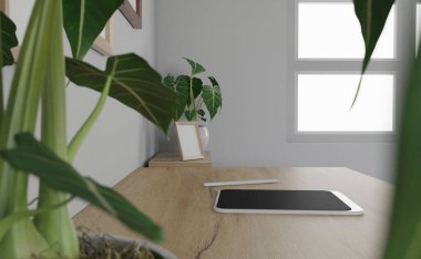 3D iç mekan. minimal stil tasarımı. Çalışma masasında. Ev iç tasarımı. Web sitesi, duvar kağıdı ve modelleme şablonu.