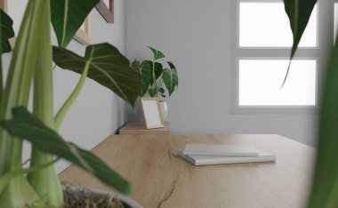 3D iç mekan. minimal stil tasarımı. Çalışma masasında. Ev iç tasarımı. Web sitesi, duvar kağıdı ve modelleme şablonu.