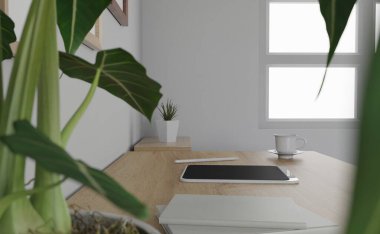 3D iç mekan. minimal stil tasarımı. Çalışma masasında. Ev iç tasarımı. Web sitesi, duvar kağıdı ve modelleme şablonu.