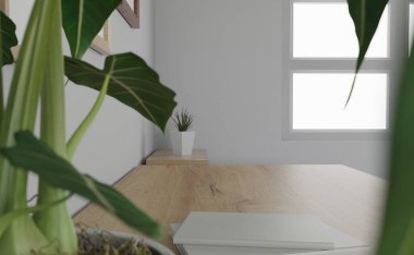 3D iç mekan. minimal stil tasarımı. Çalışma masasında. Ev iç tasarımı. Web sitesi, duvar kağıdı ve modelleme şablonu.