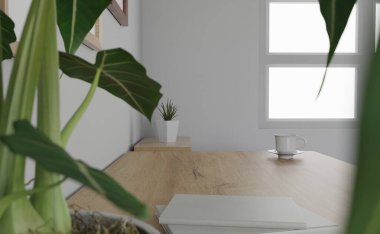 3D iç mekan. minimal stil tasarımı. Çalışma masasında. Ev iç tasarımı. Web sitesi, duvar kağıdı ve modelleme şablonu.