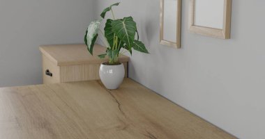 3D iç mekan. minimal stil tasarımı. Çalışma masasında. Ev iç tasarımı. Web sitesi, duvar kağıdı ve modelleme şablonu.