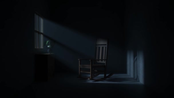 Donkere Scène Kamer Nachts Schommelstoel Animatie Destructie — Stockvideo