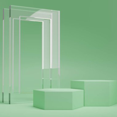 3D görüntüleme ürünü geometrik podyum platformu ile soyut minimal sahne. Kozmetik ürünleri anlamına geliyor. 3D stüdyosundaki sahne gösterisi..