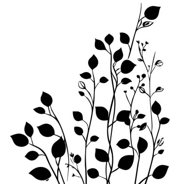 Küçük yaprak bitkisi siluet desenli duvar kağıdı. Siyah ve beyaz. En az sanat eseri. Basit şablon. dövme tasarımı. Kart ve paket. Vektör illüstrasyonu.
