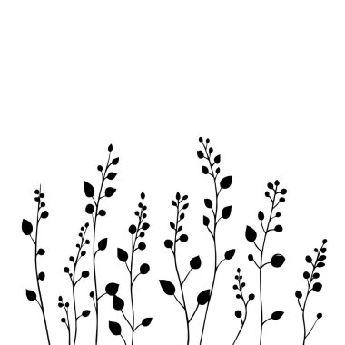 Küçük yaprak bitkisi siluet desenli duvar kağıdı. Siyah ve beyaz. En az sanat eseri. Basit şablon. dövme tasarımı. Kart ve paket. Vektör illüstrasyonu.