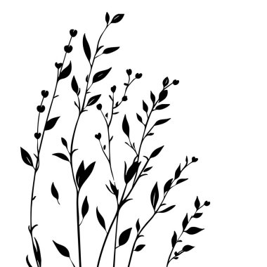 Küçük yaprak bitkisi siluet desenli duvar kağıdı. Siyah ve beyaz. En az sanat eseri. Basit şablon. dövme tasarımı. Kart ve paket. Vektör illüstrasyonu.
