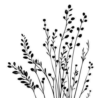 Küçük yaprak bitkisi siluet desenli duvar kağıdı. Siyah ve beyaz. En az sanat eseri. Basit şablon. dövme tasarımı. Kart ve paket. Vektör illüstrasyonu.