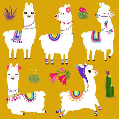 Cute llama or alpaca animals with cactus and colorful traditional accessories.  Vector illustration clipart