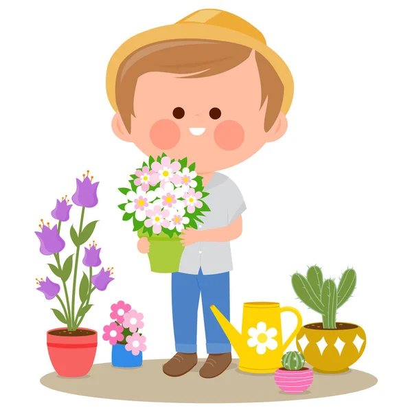 Mann Mit Blumentöpfen Genießt Seine Zimmerpflanzen Vektorillustration — Stockvektor