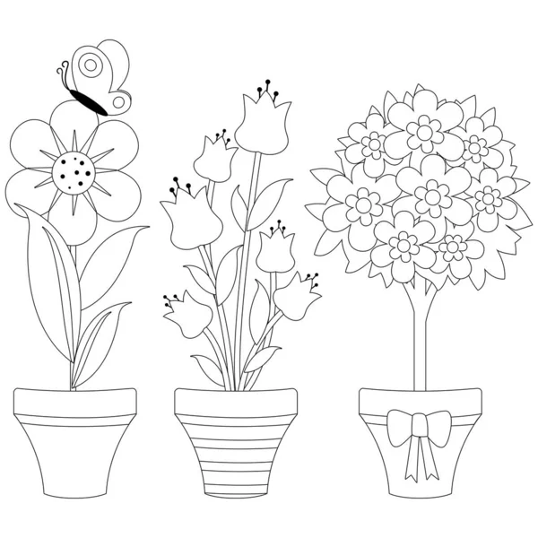Flowers Flowerpots Vector Black White Coloring Page — Stock Vector