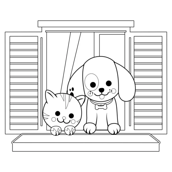 Γάτα Και Σκύλος Κάθονται Στο Περβάζι Του Παραθύρου Διάνυσμα Ασπρόμαυρη — Διανυσματικό Αρχείο