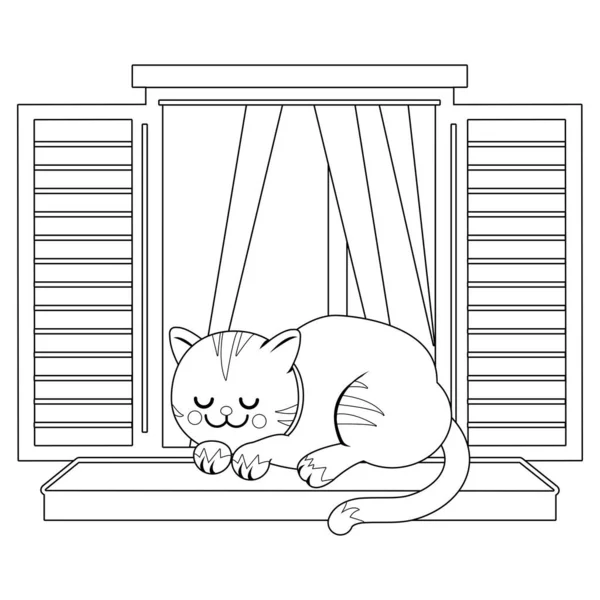 Kedi Pencere Pervazında Uyuyor Vektör Siyah Beyaz Renk Sayfası — Stok Vektör