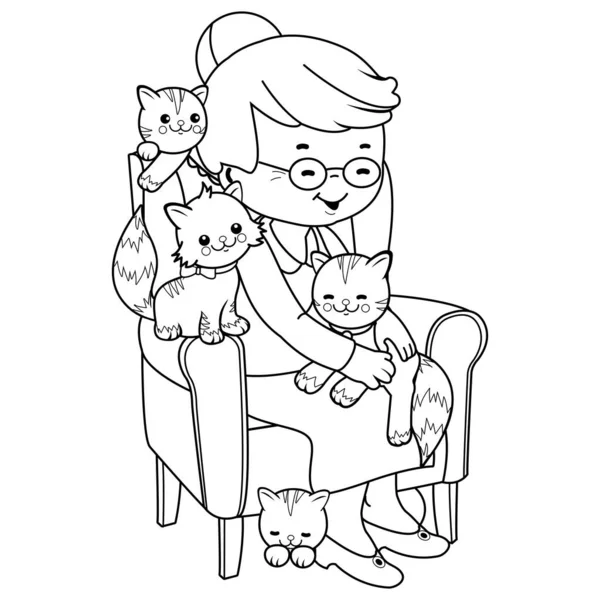 Stará Žena Sedí Křesle Svými Kočkami Vektorové Černobílé Zbarvení Stránky — Stockový vektor