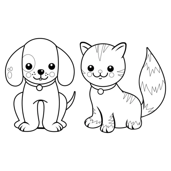 Κινούμενο Σκυλί Και Μια Γάτα Διάνυσμα Ασπρόμαυρη Σελίδα Χρωματισμού — Διανυσματικό Αρχείο