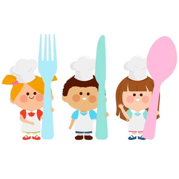 Kucharze Trzymający Widelec Nóż Łyżkę Dzieci Jedzą Ilustracja Wektora — Wektor stockowy
