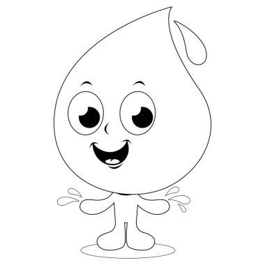 Cute cartoon water drop character. Vector black and white coloring page