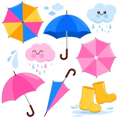 Rainy weather day collection with umbrellas, clouds and water boots. Vector illustration set