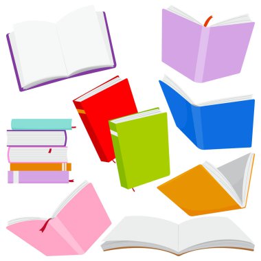 Various books collection for reading, pile of textbooks for education. Vector illustration set