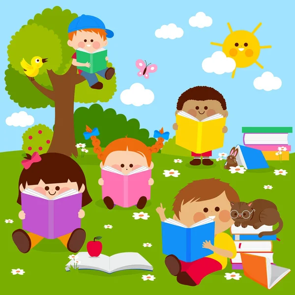 Children Reading Books Park Nature Vector Illustration — Image vectorielle