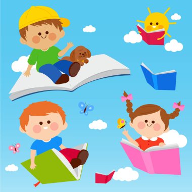 Happy children reading and flying in the sky with books. Vector illustration