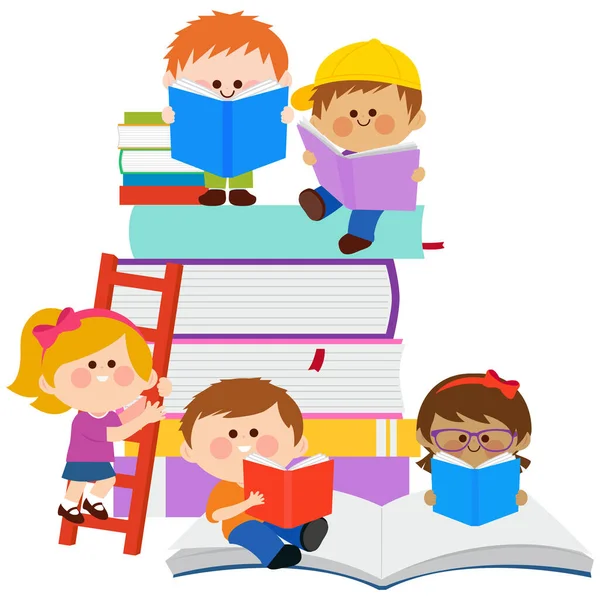 Children Sitting Stacks Books Reading Vector Illustration — Image vectorielle