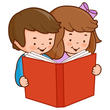 Two children, a girl and a boy read a book together. Vector illustration