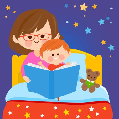 Mother and child read a book together in bed. Vector illustration