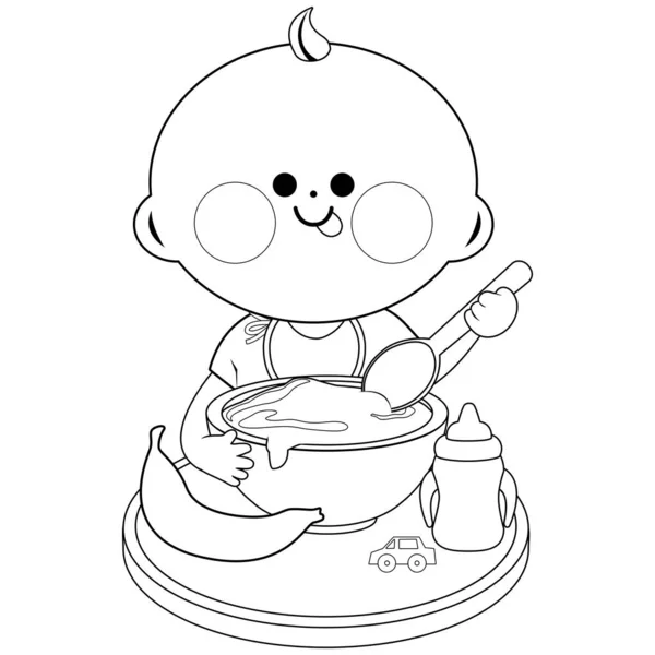 Baby Having His Breakfast Cereal Fruits Vector Black White Coloring — Wektor stockowy