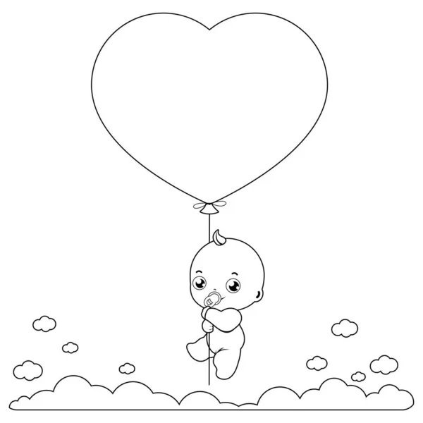 一个可爱的新生婴儿在空中抱着一个心形气球 矢量黑白着色页 — 图库矢量图片