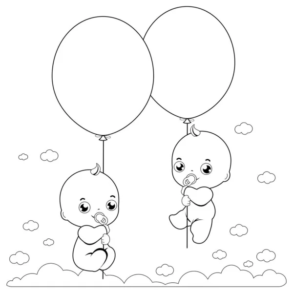 風船を持って空に赤ちゃんの双子 ベクトル黒と白の着色ページ — ストックベクタ