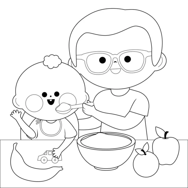 Padre Alimentando Bebé Con Tazón Cereales Fruta Vector Blanco Negro — Archivo Imágenes Vectoriales