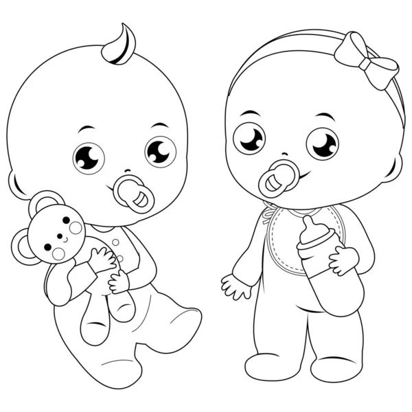 赤ちゃんの女の子と赤ちゃんの男の子 ベクトル黒と白の着色ページ — ストックベクタ