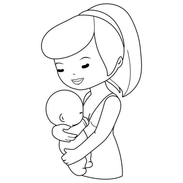 Mãe Amamentando Seu Bebê Vetor Página Para Colorir Preto Branco — Vetor de Stock