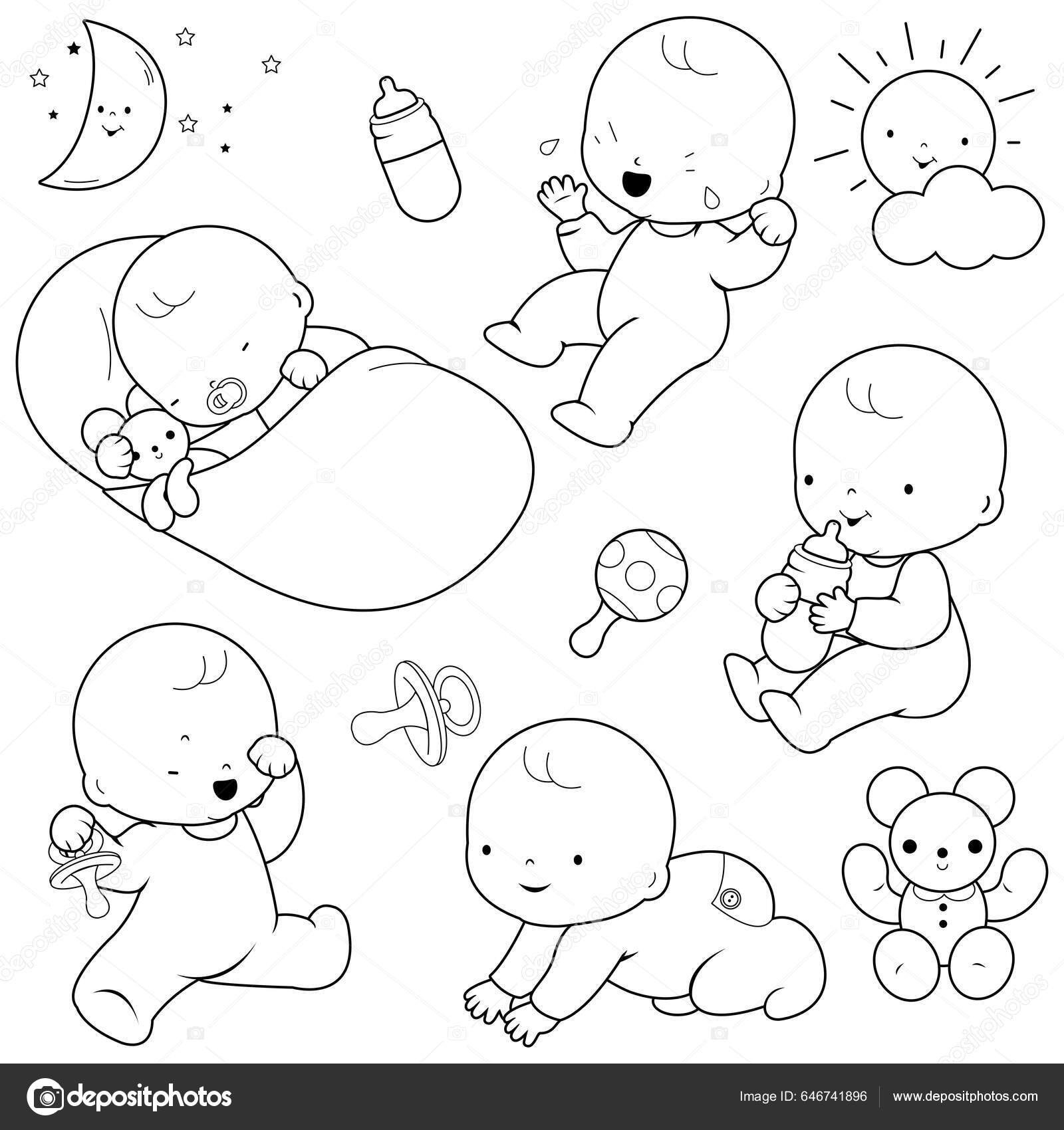 Lindos Bebés Vector Blanco Negro Para Colorear Página Vector de