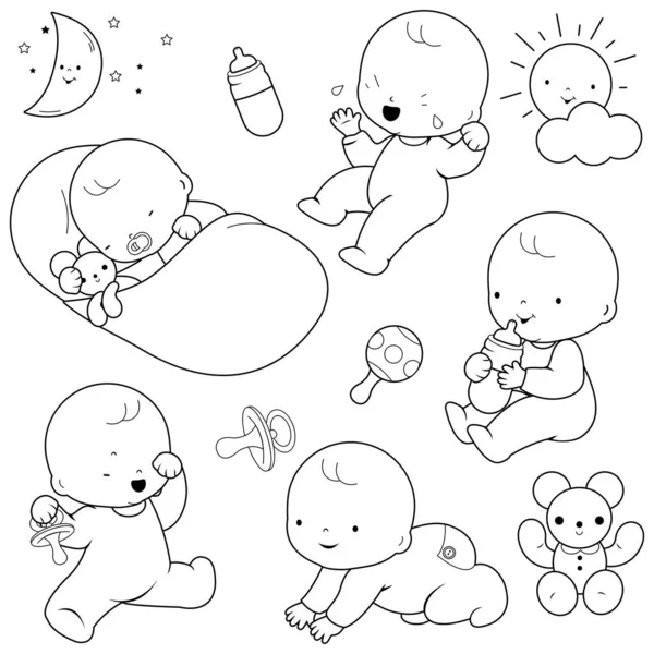 Sevimli Bebekler Vektör Siyah Beyaz Renk Sayfası — Stok Vektör