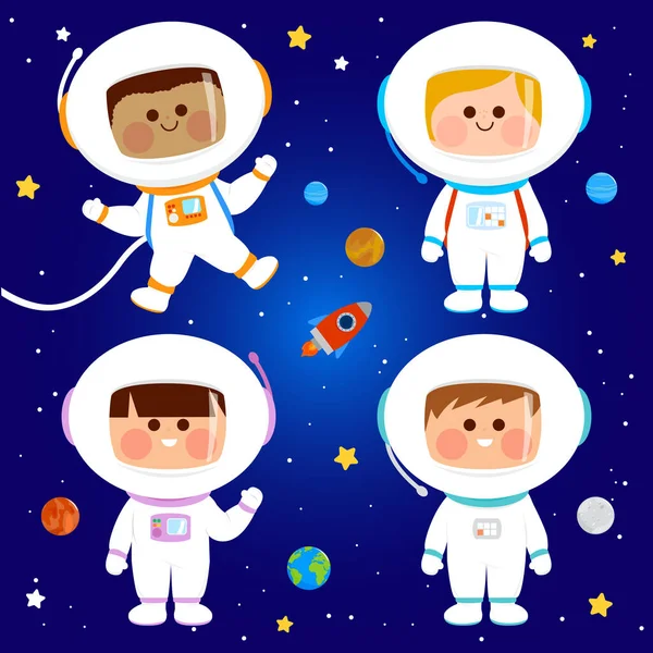 Uzaydaki Astronot Çocuklar Astronot Kostümlü Kızlar Oğlanlar Vektör Illüstrasyonu — Stok Vektör