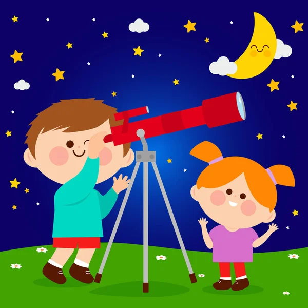 Дети Смотрят Ночное Небо Помощью Телескопа Векторная Иллюстрация — стоковый вектор
