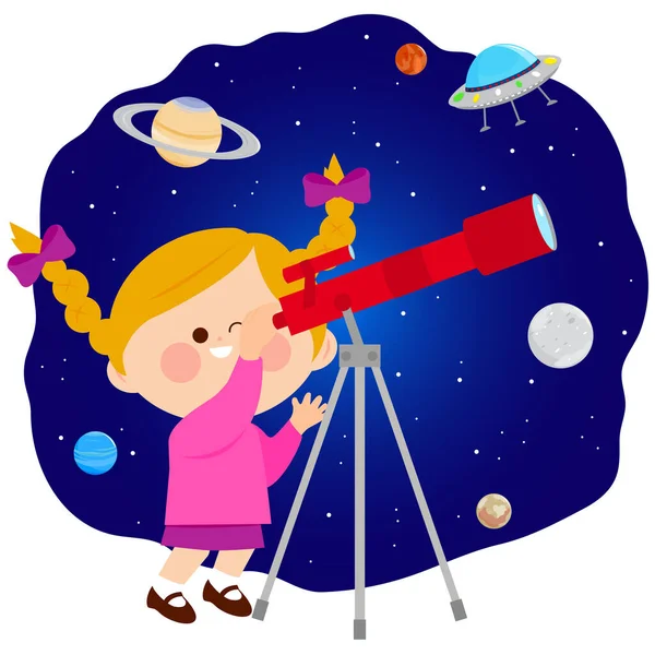 Geceleri Teleskopla Yıldızlara Gezegenlere Bakan Küçük Bir Kız Vektör Illüstrasyonu — Stok Vektör