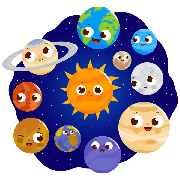 Uzayda Güneş Sistemi Nin Sevimli Gezegen Karakterleri Vektör Illüstrasyonu — Stok Vektör