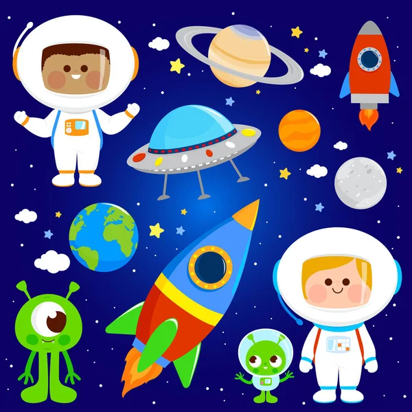 Uzaydaki Astronot Çocuklar Uzaylılar Astronot Kostümlü Kızlar Oğlanlar Uzay Gemileri — Stok Vektör